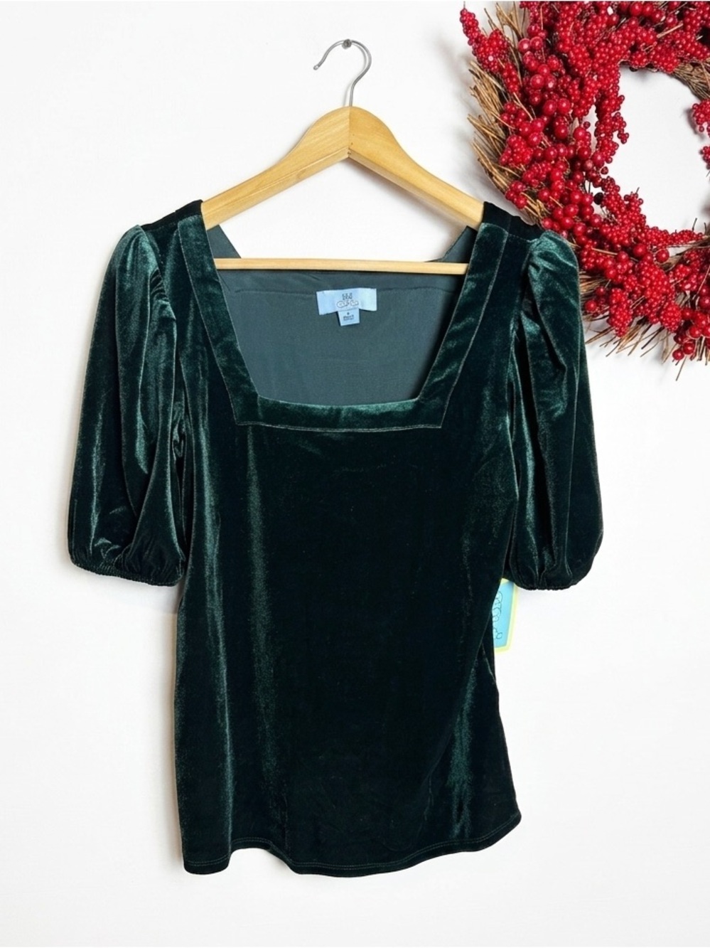 Cece Holiday Coquette Girl Balletcore Whimsigoth Velour Top MEDIUM Hunter Green